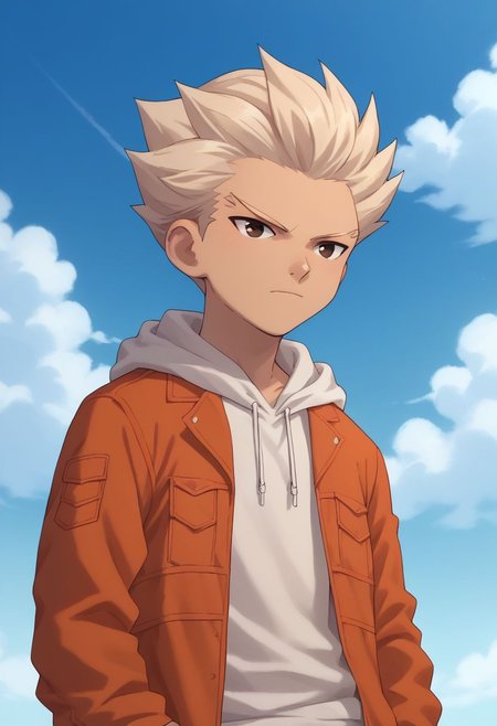 score_9, score_8_up, score_7_up, source_anime, highly detailed, 
axel2, 1boy, male focus, solo, hoodie, hood, orange jacket, sky, cloud, white hair