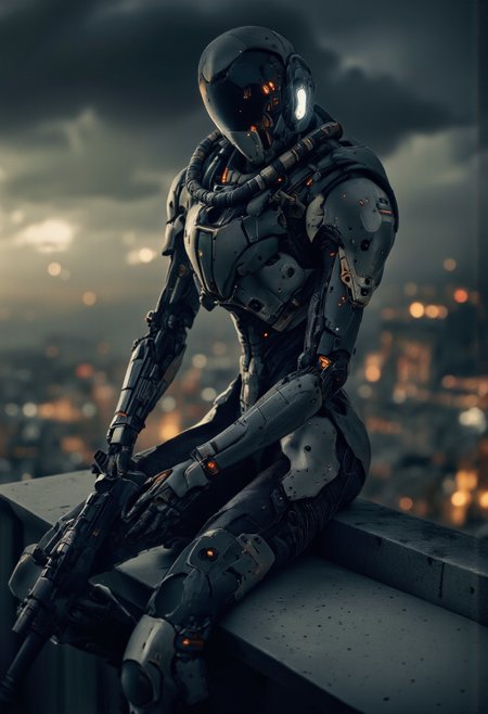 . A photo-realistic shoot from the side about a futuristic humanoid robot sitting on a ledge, wearing a dark, armored suit with a sleek, metallic design and glowing accents. the robot, positioned in the middle of the image, appears to be in a contemplative pose, with its upper body facing the viewer. it has a helmet with a visor and a glowing orange light, and is holding a gun in its right hand. its body is slim and muscular, with mechanical parts visible on its armor. the background is blurred with bokeh lights, giving the image a sense of depth and atmosphere. the overall mood is dark and ominous, with a focus on the robot's futuristic design and advanced technology.