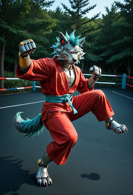 (((Barefoot furry character, full body, cinematic setting, furry male, plantigrade))) 
(((Gilliam))), wolf boy, ((red kimono and pants, training kung-fu on outdoors training ground, fighting stance, dynamic pose, perform side kick)), nice feet paws, three toes, claws, pawpad, determined look
BREAK
(((gilliam wolf, evil eye, sharp, tire body, red fluff tail, cyan hair, robot, wolf, metallic))), (((kicking, kicking at viewer, stands on one feet)))
BREAK, intricate details, highly detailed, extreme detail, octane render, fine art, best quality, highres, (detailed face:1.5), ((full_body)), UHD, (((perfect hands))), low light