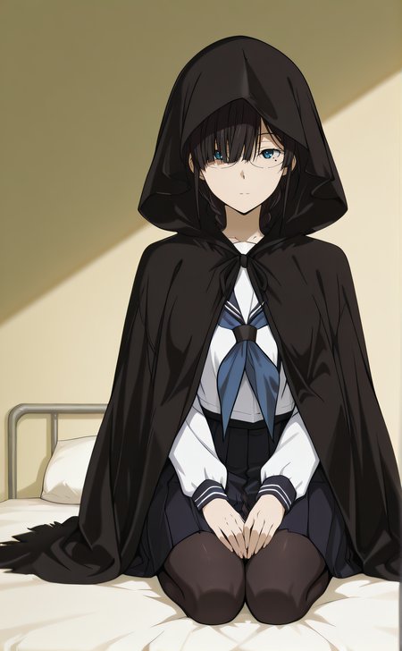 masterpiece, best quality, highres, newest, 1girl, solo, official style, anime screencap, <lora:IL_Juumonji_Kaho_v2:1>, kaho, black hair, blue eyes, braid, glasses, sidelocks, bangs, hair over one eye, mole under eye, serafuku, black cloak, hood, black pantyhose, pleated skirt, looking at viewer, five fingers, expressionless, on bed, full body, seiza, hands on knees, centered image