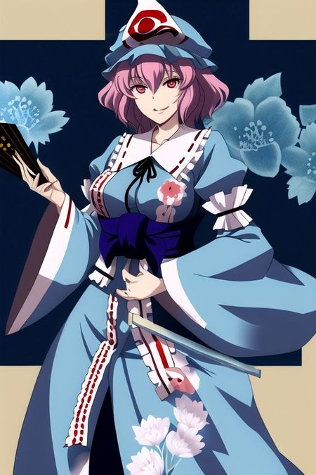 saigyouji yuyuko, 1girl, breasts, floral print, hand fan, hat, holding, holding fan, japanese clothes, large breasts, looking at viewer, mob cap, pink eyes, pink hair, puffy sleeves, smile, solo, traditional media, triangular headpiece, wide sleeves, 
masterpiece, best quality, very aesthetic, absurdres, pixiv, anime coloring