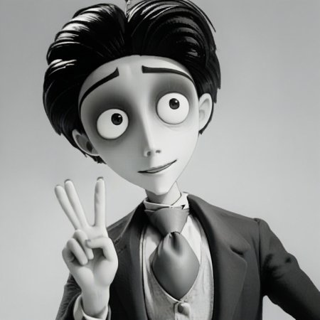 , , score_9, score_8_up, score_7_up, score_6_up, score_5_up, score_4_up, score_9, solo, shirt, black hair, 1boy, monochrome, upper body, male focus, necktie, blurry, formal, suit, smile, v, peace sign, nervous,