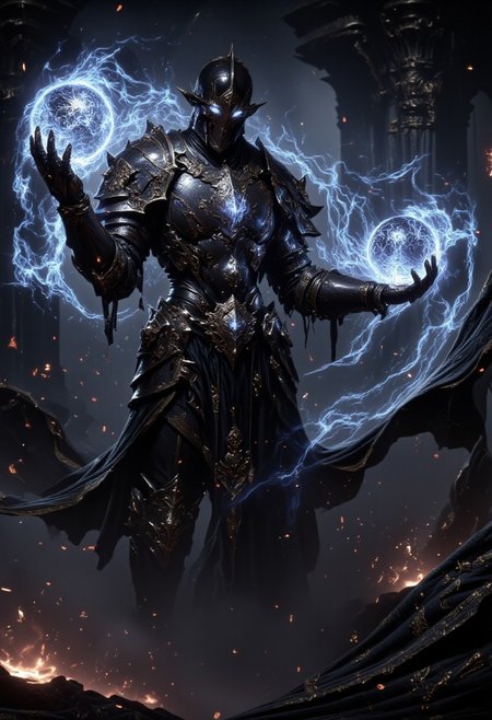 A fearsome dark warrior mage stands in the shadows of a dark fantasy setting, clad in intricately detailed black armor etched with glowing, arcane runes. His menacing helmet features sharp, ornate edges, with glowing eyes piercing through the slits, casting an ominous, fractured light across the textured metal. In one hand, he wields a massive wizard staff, topped with an intricately designed orb that radiates dark, swirling energy and faint pulses of light. Dark magic swirls around his gauntleted hands, its tendrils alive with crackling energy and fine particles that scatter and glow in the mist-laden air. The spell radiates eerie luminescence, creating sharp contrasts against the dark, shadow-filled battlefield. Subtle reflections and lighting play off every facet of his armor, the staff, and the environment, with embers, smoke, and faint magical glyphs flickering in the background. This imposing figure blends richly detailed warrior strength with the mystique of arcane mastery.
improved, hkmagic, FredFraiStyle, Knight, Armor, Warrior