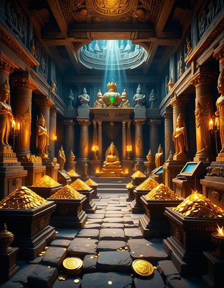 score_9, score_8_up, score_7_up,amazing quality, ultra realistic, 3D, HD, best quality, amazing quality, very aesthetic, absurdres
A hidden treasure chamber deep within an ancient temple, illuminated by the warm golden glow of torches and mystical blue light from enchanted crystals. The room is filled with piles of gold coins, jewel-encrusted goblets, and ancient artifacts covered in dust. Massive stone statues of forgotten deities guard the chamber, their eyes glowing faintly as if watching intruders. In the center, a grand pedestal holds a legendary artifactâan ornate golden crown encrusted with emeralds and sapphires, shimmering with an otherworldly aura. The walls are adorned with intricate carvings depicting lost civilizations, and creeping vines hint at centuries of abandonment. The atmosphere is mystical and slightly eerie, with a sense of both wonder and danger. The air is thick with the scent of aged parchment and burning incense, adding to the chamberâs ancient and mysterious feel. Cinematic lighting with dramatic shadows enhances the depth and richness of the scene, creating a visually stunning and immersive environment.
<lora:SDXLFaeTastic2400:0.4> <lora:extremely_detailed:0.4> extremely detailed,treasure ch4mb3r, <lora:treasure_ch4mb3r-p:1>