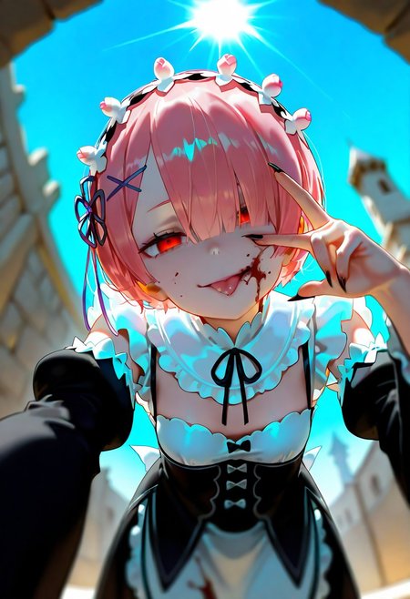 nyalia,
ram \(re:zero\),  1girl, solo, (head tilt:1.2),  smirk, yandere, blood on face, blood on clothes, tongue out,looking at viewer, (from below, straight-on:1.2), ground, close-up face, vanishing point, blue sky, stone tower, fisheye, perspective, stone walls, sunlight, bent over, leaning forward, viewer, (facing viewer:1.2), foreshortening, outstretched hand, sharp fingernails, empty eyes, v over eye, 
very awa, masterpiece, highres, absurdres,