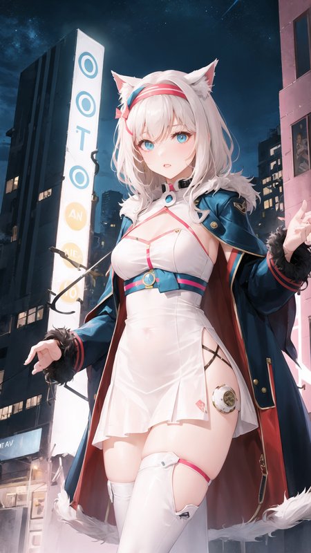 (((((night, city, neon lights))))), (white theme, lightpink), mechanical theme, looking at viewer, (from below),
1girl, solo, (((cowboy shot))), short hair, flipped hair, hair between eyes, ((diagonal bangs)), medium breasts, beautiful face, asymmetrical hair, multi-colored hair, bodysuit, (((waist sash))), detached sleeves, ((metal hairband)), (open jacket, fur jacket), cute face, (translucent high heel boots, translucent thigh boots, translucent fur boots), animal collar, (thigh bands), ((waist cutout, argyle cutout)), hairpin, streaked hair, crystal earrings, animal ears, (translucent), ((pleated skirt)), heart, bow hairband, (cutout),
 <lora:Grenadier-1-000019_0.7+Grenadier-000014_0.7:0.4>