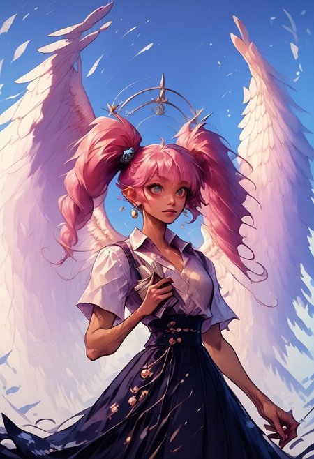 score_9, score_8_up, score_7_up, score_6_up,  Tan skin, golden skin, huge boobs,  blue eyes, big eyes, pink hair, pigtails, bangs, ((long bang covering one eye, (( twin tails)), ((long twin tails)),) , huge breasts,, Asian woman,  ((slanted eyes)), ((big eyes)), ((large iris)),  Huge boobs, gigantic boobs, big tits,  long hair,  golden skin, tan skin, athletic body, toned abs, big tits,1 girl, divine beauty, houri angel, angelic, halo, 1 girl, scholarly, librarian aesthetic, , angel, (large wings, white feathered wings:1.2), cardigan sweater, skirt, holding a book, (tropical island mountain background.2), character design, concept art, detailed face, high Detail, Sharp focus, dramatic, (solo:1.2), <lora:Helluva Cartoon Style Pony V1:1.2> <lora:detail_eyes:0.6> <lora:detailed_hands:1> hands, <lora:ComicsPonyXL_V2:0.7> Comistyle, <lora:Pony_DetailV2.0:0.6>   <lora:w1ngsXLP:0.7>  <lora:dexterslabXLP:1> dexters lab