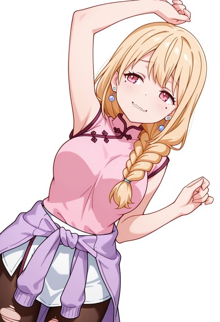 masterpiece,high quality details, absurdres,
 <lora:Yuriko:0.8>
yuriko_cnr, 1girl, blonde hair, long hair, single braid, pink eyes, mole, mole under eye,earrings,, simple background, white background, dutch angle,solo,, evil grin,wavy mouth,, =^=,, one arm raised vertically,neutral expression,focused gaze,, clothes around waist,qipao top,torn pantyhose,  ,var-legwear,