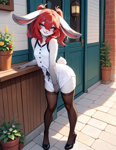 masterpiece, best quality, very aesthetic, absurdres,
outdoors,
full body, standing, posing, 
casual, 
seductive smile, parted lips, long eyelashes,
<lora:Naili_v01_NAIXL:1>
Naili,1girl,solo,furry,furry female, rabbit girl, rabbit ears, red hair, twintails, bangs, hair between eyes, blue eyes, snout, animal nose, buck teeth, body fur, white fur, rabbit tail,