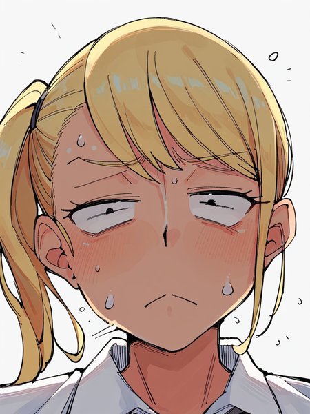 score_9, score_8_up, score_7_up,  
1girl,  blonde hair, side ponytail, tan, medium breasts, 

school uniform, white shirt, collared shirt,close-up, face, closed mouth, constricted pupils, narrowed eyes, frown, nervous, white background, looking at viewer, black eyes, sweat,