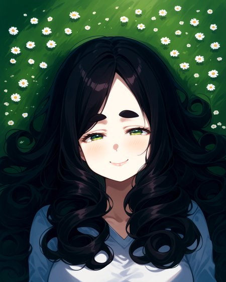 score_9, score_8_up, score_7_up, score_6_up, source_anime, ah1, 1girl, (curly hair), long hair, (black hair), mature female, (parted hair:1.7), (round face), (no_bangs:1.3), (no_fringe:1.6), looking at viewer, (thick eyebrows), round-chin, (dark olive green eyes), caucasian, down-turned eyes, <lora:ETO_OCPonyXL:0.5> eto_oc, skindentation, short female, kinky curls, lips, bad-hands-5, <lora:venus body PonyXL:0.3>, <lora:Kutibue_Art_Style:1> Kutibue, (lying face down, head toward the camera), (Peaceful countryside with winding paths and wildflowers), (smile, gentle, friendly),