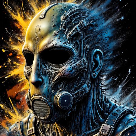 Zombie soldier wearing a biohazard gas mask, black and gold filigree, navy and gold vapor swirls, details in details
