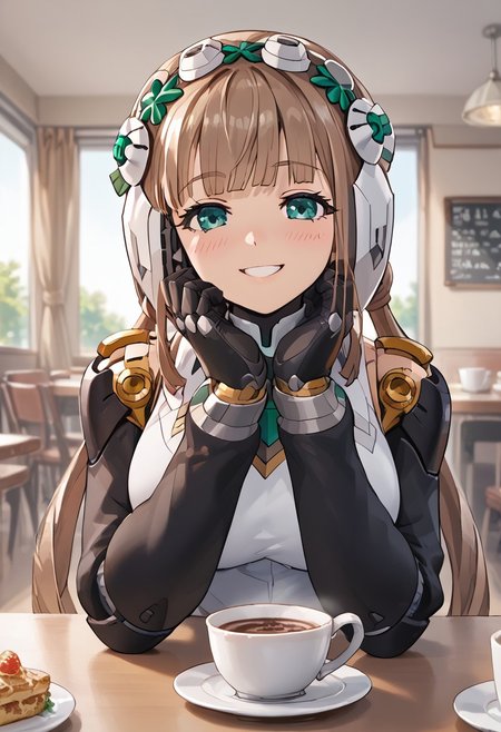 score_4,score_5,score_6,score_7_up,score_8_up,score_9 ((masterpiece,best quality,ultra detailed,highres,HD,4k:1.2)), 
1girl, solo,solo focus,girl focus,face focus,
robo girl,android,robot joints,
very long hair,brown hair,low twintails,bangs,green eyes,head gear,head ornament,helmet,large breasts,
indoor, cafe, sitting,((pov date, across table pov, across table)), Coffee on the table,hand, right_hand,right_hand touching face, left_hand, left_hand on table, left_hand placed horizontal, happy,smile,blush,