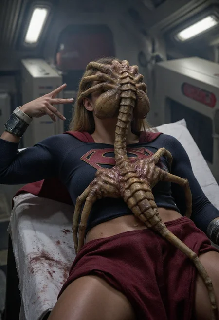cybernetic style <lora:Xenomorph_Facehugger_Attack_-_Alien_Flux_v2:0.7>(Xenomorph Facehugger),A realistic live-action sci-fi horror scene inside a futuristic spaceship medbay. Viewed from a high angle above, a woman with long blonde hair lies defeated on a high-tech surgical table. Her arms and legs are limp and hanging off the sides of the table, restrained only by loose or broken metallic cuffs. She is wearing the iconic Supergirl costume from the TV series starring Melissa Benoist: a dark blue fitted top with the red and yellow 'S' emblem, a red skirt, and a red cape. Her costume is badly torn, shredded, and soaked in blood, exposing bruises and wounds on her body. A grotesque alien facehugger is latched tightly to her face, with bony fingers wrapping around her head and neck. Another biomechanical parasitic alien with fleshy, organic textures and tendrils is clinging to her torso as if merging with her. The scene is lit with cold, dim lighting; the environment is sterile, metallic, and futuristic. The mood is bleak, cinematic, and horrifying â evoking the style of 1980s sci-fi horror classics like Alien. Ultra-realistic textures, cinematic lighting, high detail in skin, blood, torn fabric, and alien anatomy.
<lora:EXM:0.36> ,<lora:Flux Muscle v2 fp8:0.33>, <lora:Facehugger:0.5>, <lora:supergirl_dev_f1:0.3>, <lora:MysticXXX-V6:0.6> . futuristic, technological, cybernetic enhancements, robotics, artificial intelligence themes