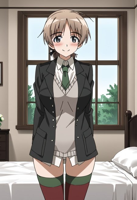 Lynette Bishop\(Strike Witches\), Big breasts,  1940s Bedroom, window, blushing, green necktie, 1girl, Smiling, Solo, Standing
