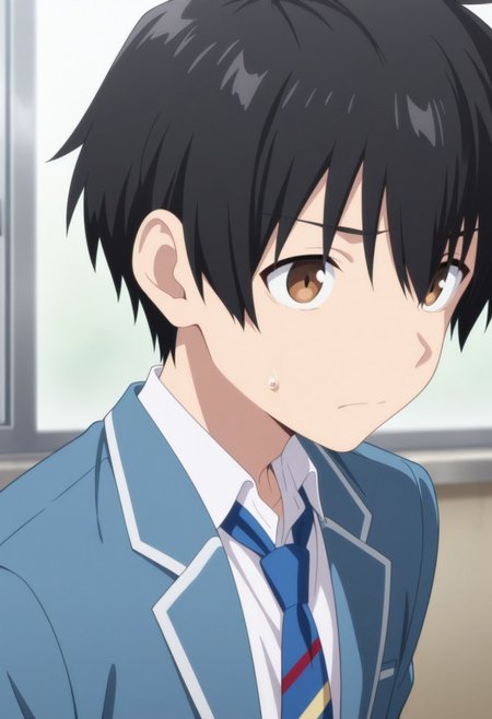 masterpiece,best quality,amazing quality, source_anime, 
NagumoHajime, 1boy, male focus, solo, brown eyes, black hair, school uniform, shirt, white shirt, collared shirt, necktie, blue necktie, striped necktie, jacket, blazer, blue jacket,