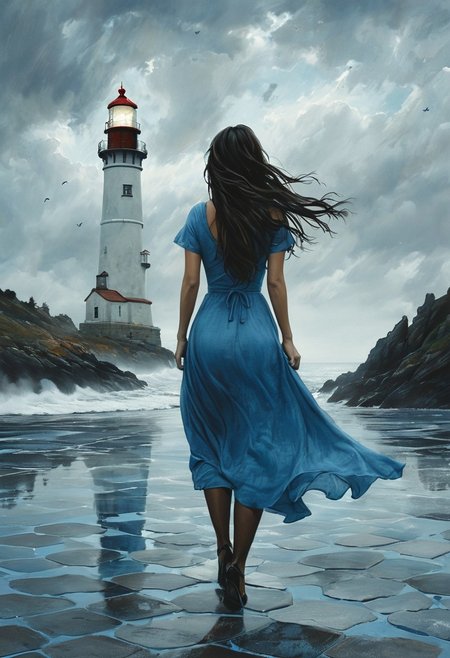 (water-colored), illustration, style of Jessica Galbreth,
(far view, far shot, rear view, facing away:1.3),
(Alice, woman walking, very long dark brown hair,  hair rim lighting, hair in the wind, blue maid dress with short sleeves, black tights, black shoes:1.5), 
fog, dreamy, dream, landscape, cloudy, raining, 
(tiled floor, giant chess pieces, chess board, chess, giant towers, sea, shore, lighthouse:2)