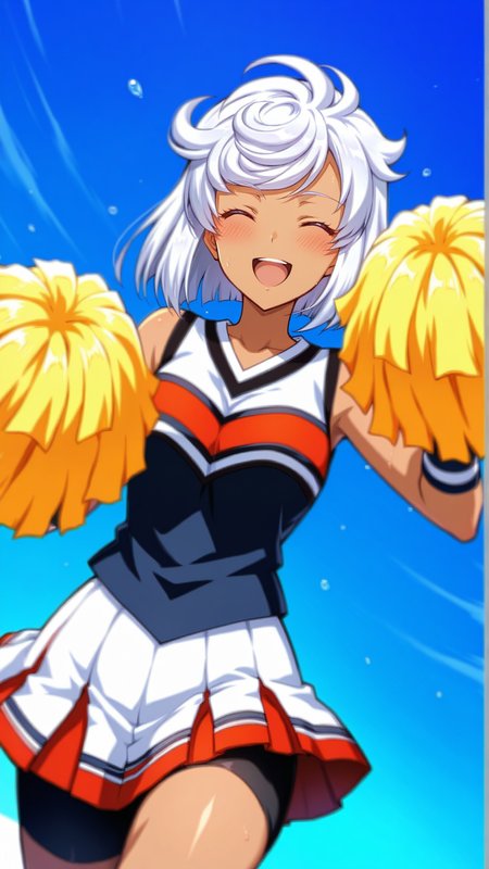 source_anime, general, best quality, masterpiece, 1girl, <lora:Tissisaaq_ill_v1.0:1> tissisaaq\(scarlet grace\),white hair, short hair, dark skin, dynamic pose, dutch angle, cheerleader, happy, embarrassed,  cowboy shot,