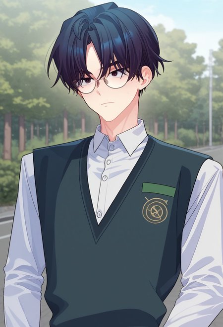 score_9, score_7_up, source_anime
joomirye, 1boy, male focus, solo, black eyes, glasses, black hair, short hair, school uniform, shirt, white shirt, collared shirt, long sleeves, sweater vest, 
outdoor,