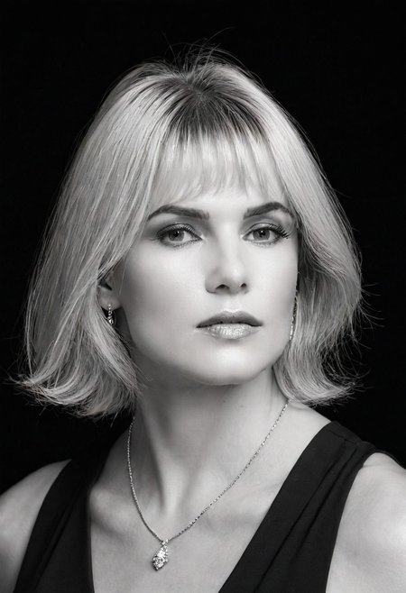 A striking monochrome portrait of a high-fashion model captured in a classic, Vogue-inspired photoshoot. The image focuses on her upper body, showcasing sharp bone structure and flawless skin illuminated by dramatic, high-contrast lighting. Shadows and highlights play artfully across her face. Her gaze is powerful and direct, exuding confidence and sophistication, with slightly parted lips that add a touch of allure.
(Her hair is styled sleekly back), drawing attention to her expressive features and creating a sculpted silhouette against a soft, shadowed background. She wears minimal accessories - perhaps a single, elegant earring catching the light adding sophistication without distraction. The monochrome palette enhances the texture and contrast, giving her skin a smooth, almost ethereal glow, while the deep shadows add depth and mystery. The overall composition feels timeless and refined, embodying classic beauty and editorial poise with a touch of modern edge.. backinblack, grayscale, monochrome