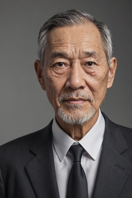 Realistic,Chinese old man portrait,upper body,short black hair,black eyes,indoors,white background,wearing a black suit,cool white lighting,looking at viewer,pale white beard,weathered facial wrinkles