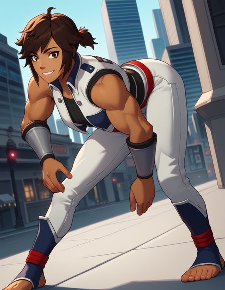 score_9, score_8_up, score_7_up, source_anime, <lora:elm-ederne-ponyxl-lora-nochekaiser:1>, elm ederne, brown hair, brown eyes, ponytail, dark skin, short ponytail,, sleeveless, belt, pants, muscular, barefoot, toes, soles, cropped jacket, white pants, toeless legwear, stirrup legwear,, cityscape, street, bent over, smile, looking at viewer, solo, cowboy shot, dutch angle