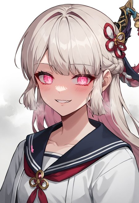 score_9, score_8_up, score_7_up, source_anime, rating_safe , 1girl, solo,long hair, white hair, pink hair, multicolored hair, braid, pink eyes,  japanese clothes, school uniform,glowing eyes,blush, evil smile, evil looking, 4k, detailed, from below, teeth, glowing eyes, yandere, upper body ,white background, half closed eyes, seductive look, naughy face, hearts, steam, vapor, katana on back, sword on back, cute, young, ((blush)), wide open eyes