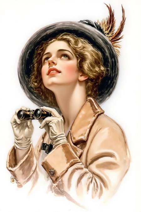 hafisher1 illustration. 
A woman looking up at the sky. She has light, wavy, golden-blonde hair peeking out from under a stylish, dark, wide-brimmed hat adorned with a large, ornate feather and a small black ribbon. She hold a small binocular with both her hands.
 <lora:hafisher1_cap_d6a3e12:1.0><lora:829843902992440795:0>