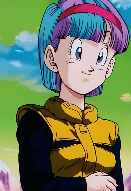 source_anime, score_9, score_8_up, score_7_up, anime screencap,
high quality, 8k, absurdres,
((Bulma)), namek saga, comic, planet namek, 1girl, solo, smile, short hair, bangs, purple eyes, looking down at self, upper body, pink hairband, stud earrings, fingernails, eyelashes, purple hair, crossed arms, self hug, green sky, yellow jacket, worried, two tone jacket, sleeveless jacket, shoulder pads, long sleeves, cloud, black undershirt <lora:bulmaDBZ_pony_v1:0.8>
