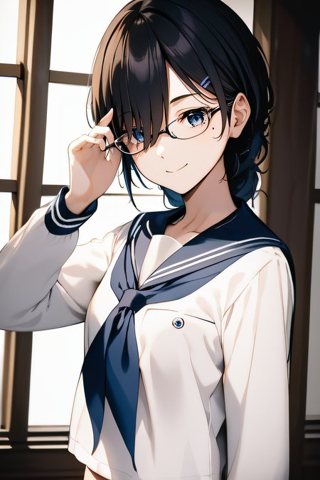 score_9, score_8_up, score_7_up, best quality, masterpiece, 4k, uncensored, prefect lighting, rating_explicit, very aesthetic, anime BREAK, extremely detailed eyes, <lora:PONY_Juumonji:0.9>, kaho, mole, black hair, hair over eye, glasses, blue eyes, closed mouth, serafuku, white shirt, long sleeves, simple background, looking at viewer, frontal view, upper body, smile, adjusting eyewear, five fingers:1.2