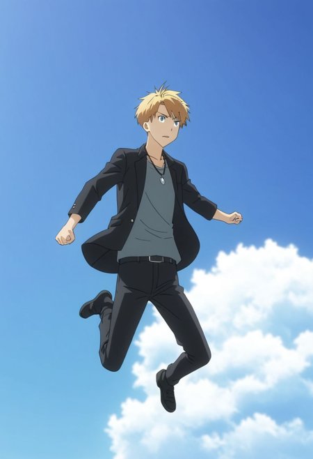 high resolution, professional photography, best quality, 1Boy, Yamato Ishida, blond hair, deep blue eyes, necklace, jump, free, clear sky, OverallDetail