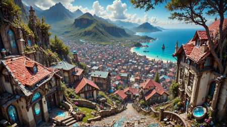 Photograph of a Tudor architecture coastal town viewed from a steep, stone staircase. The staircase is flanked by rough trinitite. Below, the town features colorful buildings with red and white roofs, a central plaza, and a large blue harbor. The background includes a dense Groovy landscape with Heartstone vegetation. The scene is bright and sunny.
 <lora:DarksunRIDDV3:1> <lora:flux_hyperkraximalism-crazy:0.6> <lora:dwd:1> <lora:Prismatic_Crystal-World_Morph-Flux:0.75> prismatic crystal, entirely made out of prismatic crystal