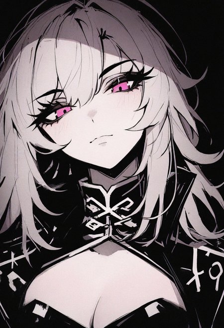 ,masterpiece,best quality,newest,  <lora:Monochrome_Glamourv1:0.9> mcglam, monochrome, 1girl, pink eyes, full ,high collar shirt, cleavage, small breasts