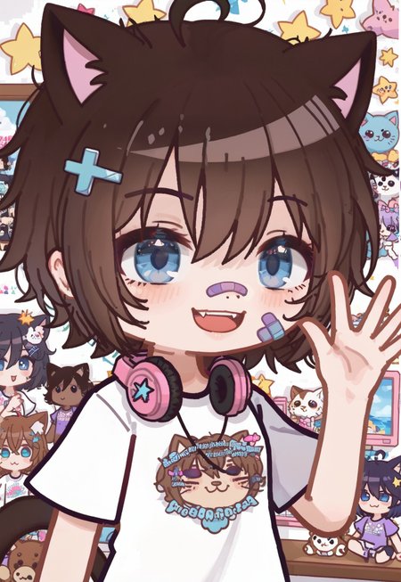 1girl, (cutecore, kawaiicore), 1990s (style), halfbody, closeup, cat girl, cat ears, cat tail, (virtual youtuber), short hair, (messy hair), hair between eyes, dark chestnut brown hair, narrowed eyes, ocean blue eyes, (jeweled eyes), winking, one eye closed, smile, bandaid, bandaid on face, bandaid on nose, bandaid on cheek, waving, palm facing viewer, (decora, decora kei fashion), y2k (fashion), white and neon pink emoji print t-shirt, short sleeves, hair ornament, (too many hairclips), neon hairclip, dark purple x hair ornament, black backwards baseball cap, headphones around neck, (detailed scenery, detailed background : 1.1), (messy neon girly bedroom), near computer desk, (stuffed toys, stuffed cat, messy bed, disheveled sheets, blankets, bookshelves, electronics, clutter, hikikomori, star (symbol), wink star)