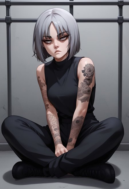 score_9, score_8_up, score_7_up, score_6_up, 1 girl, very light blue hair, almost gray hair, gray eyes, short hair, full body tattoos, t4ts, tattoos, tattoo, gangster tattoos, fit body, slim, medium breasts, sleeveless flannel, white flannel, black sports pants, on the jail, in a prison, sitting, rude face, rude, sitting thoughtful, goth girl, raven from dc, half closed eyes, black bags under her eyes,