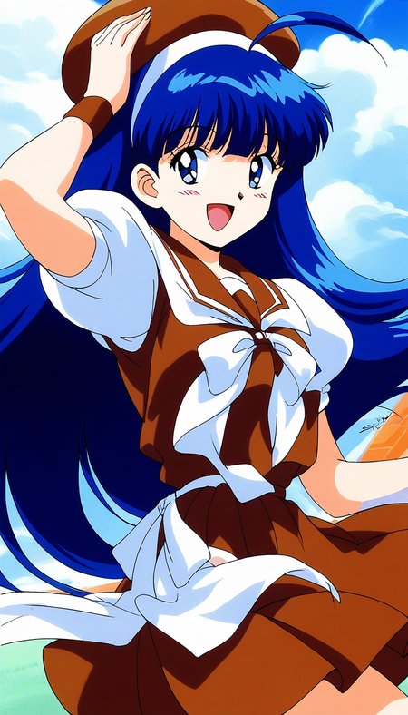 score_9, score_8_up, score_7_up, source_anime, rating_explicit, BREAK <lora:Tsurugino_Hikari_XL:0.8>Tsurugino_Hikari, long hair, blue hair, 1990s (style), hairband, blue eyes, bangs, ahoge, small breasts,
1girl, solo, brown hat, retro artstyle, skirt, open mouth, School uniform, smile, 
wristband, looking at viewer,  puffy sleeves, short sleeves, bow, 
brown dress, :d
dauy, sky, outdoor.