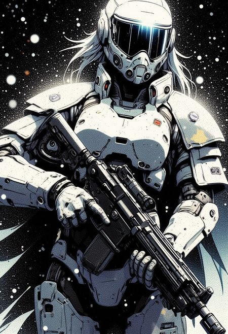 mad-cbrpnksplshrt, silhouette art, chiascuro, female space marine in white and grey camouflage armour, helmet with a clear visor reflecting light, hyperdetailed helmet, holding an assault rifle, abstract background suggesting a blizzard, falling snow, in a dark night