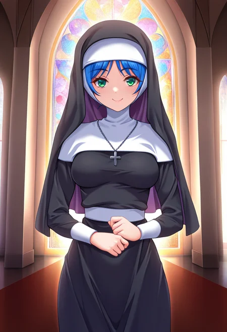 masterpiece, best quality, amazing quality, 1girl, solo, cowboy shot, sanaeww, green eyes, blue hair, short hair, medium breasts, nun, traditional nun, habit, cross necklace, looking at viewer, smile, indoors, day, skindentation, detailed clothing folds, depth of field, sharp, high contrast, dynamic light <lora:Kirishima_Sanae_Yoridori_ill:0.8>