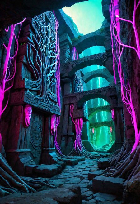 Photorealistic, Octane render, hyper realistic textures, group, a party of beautiful adventurers(beautiful rugged elves and dwarves in revealing armor, muscular, androgynous, stylish) exploring a foreboding dungeon(Twisting cavernou Cyberpunk catacombs, Mayan ruins, tunnels lined with pipe work and wires, sleek computer terminals, drab graffitied concrete illuminated by the soft glow of neon lighting, thick twisting vines and tree roots, masterpiece, sci-fi, dramatic lighting, vaporwave vibe, arcane ruins)