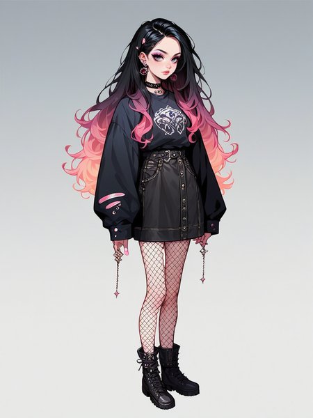 source_anime, score_9, score_8_up, score_7_up, score_6_up, score_5_up, <lora:egirlXLP:0.8> egirl, 1girl, solo, makeup, black hair, gradient hair, ear piercing, eyeshadow, fishnet pantyhose, full body, blue, pink, white