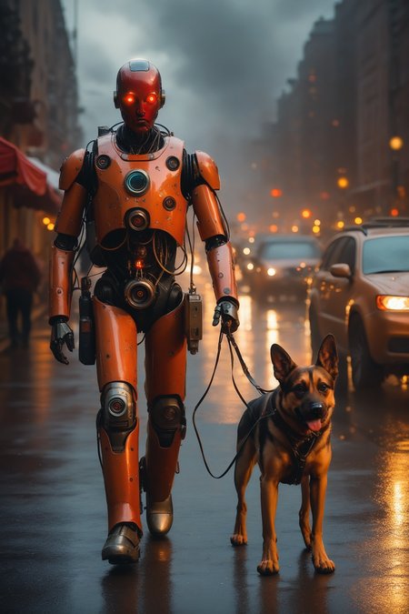 score_9, score_8_up, source_photo, rating_safe, raw image, absurdres, hyperrealistic photography, front view, cowboy shot, (a red robot walking the family dog), realistic robot with metal skin and a cyclops camera eye, (holding the dog's leash in one hand), detailed hands, metal boots, a realistic German Shepherd walking, hard rain, rain falling, low visibility, lonely figure, sad, silhouette, exterior, crowded futuristic city street, sci fi cars, detailed background, sunset, steam plume, orange glow, cloud of sparks, reelmech, mechanical parts, cable, machinery, joints, body suit, studio lighting, rim lighting, depth of field, masterpiece  <lora:Reelmech_pony_ed_v1_3:1.0> <lora:add-detail-xl:3>
