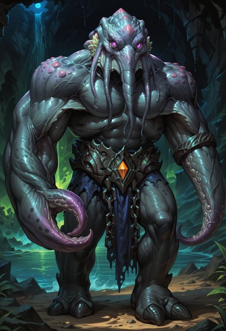 zPDXL3, score_9, score_8_up, score_7_up, detailed face, detailed body, detailed background, perfect anatomy, masterpiece, high quality, best quality, outdoors, night, cave BREAK three-quarter view, male, muscular, big pecs, thick thighs, faceless_one, monster, black skin, purple eyes, glowing eyes, looking at viewer, standing <lora:FacelessOne_WoW_V1:0.9> <lora:detailed_notrigger:1> <lora:d3t41l3dXLP:0.5>