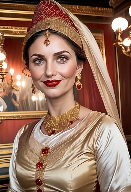 breasts shot,( life-like skin texture:1.5), realistic skin, (18th century:1.5), Europe, (victorian times), beautiful and mature, Tall, Strong, perfect face, Experienced middle-aged Empress, tradition ethnic Black royal clothes, covered hair, expensive fabric, photorealistic, realistic, extreme realism, (masterpiece, photorealistic), dappled sunlight, studio lighting, imperfections skin, probes, (photorealistic:1.6), <lora:add_detail:0.8>, medieval queen, royal banquets, female guards, include masques (a form of courtly entertainment with dancing, acting, and elaborate costumes), feasts, and balls. Gowns and Kirtles: Women wore long, flowing gowns made of luxurious silk, dressed sexy and attractive, (Empire waists:1.5), (white hair:1.5),( red lips:1.5),( subtle evil smile:1.5), white teeth
2girls,
(50 years old:1.5), 
1boy,
slave boy,
milfs,
moms,
(busty:1.3), 
(Horny:1.3), 
orgasm face, 
grannies, 
married, 
cheating, 
Mistress, 
French Queen medieval,
Empress, 
(determined look:1.5), 
(brave:1.5),
dominant presence, 
orgasm face, 
shocked, 
traditional 1650 royal outfit,
Powerful women, 
long legs, 
exposed legs, 
sexy legs, 
bustle dress, 1woman, loose pants, harem_pants, see-through, silk, tight-fitting shirt, impossible shirt, large breasts, long hair, loose_scarf, head_scarf, jewelry, , giga_busty