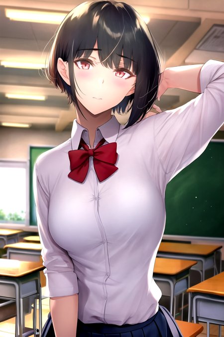 masterpiece, best quality, 1girl, arm behind head, arm up, bangs, black hair, blush, red bowtie, closed mouth, collared shirt,  school uniform, short hair, indoors, looking at viewer,  school desk, classroom background  <lora:Gentsuki:1>