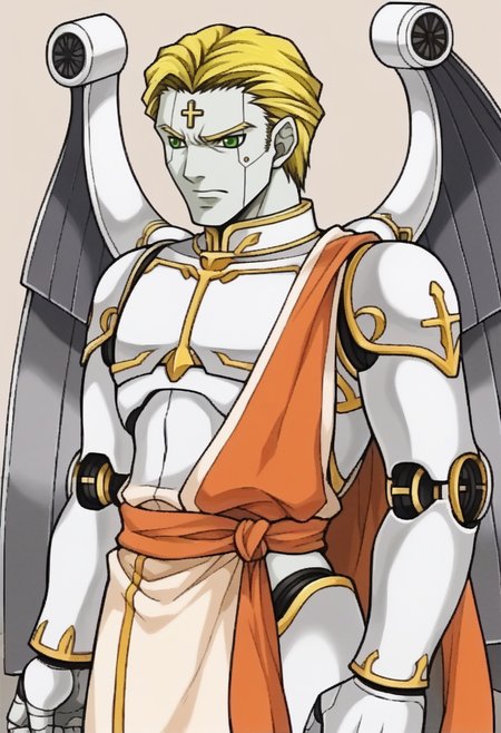 score_9, score_8_up, score_7_up, source_anime, BREAK <lora:zs_FE9PortraitsXL:1> fe9portraits, solo, cowboy shot, simple background, 1boy, <lora:zs_MetatronXL:1> metatronsmt, blonde hair, green eyes, robot, grey skin, mechanical wings, robe, cross