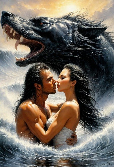 fantasy art by Luis Royo, In Royo's work, she pulled me to her and literally bit into my lips with a hot and slightly hard kiss. it was hot and passionate. Excitement shot up like a roaring flame and covered me with a searing wave. With a muffled moan of pleasure, I wrapped my arms around the innkeeper, hugging her closer to me and greedily responding to the kiss. Consciousness was simply drowned in the raging waves of depraved desire. It was like madness, with a taste of rudeness and insatiability. His hands wandered over his lean body, paying special attention to his elastic ass and lush breasts. I kneaded them, stroked them, at times gently twisted and pinched the swollen nipples, tearing sensual moans from Camellia's lips, muffled by ardent kisses,, the style of Luis Royo, Luis Royo, illustration in style Luis Royo