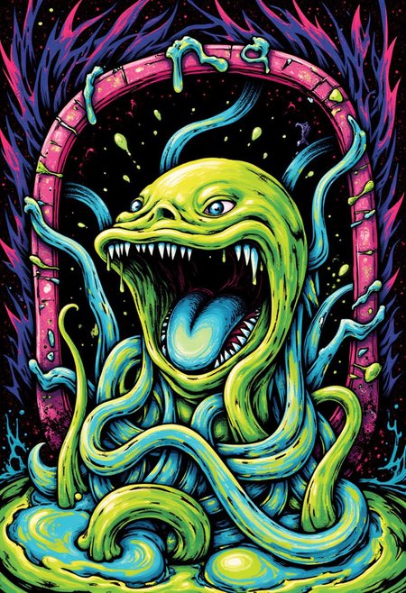 a digital illustration featuring an amorphous green swamp monster with contorted features, filtering out of the sewer pipe, it has sharp teeth, swirling lines of  dripping ooze are everywhere, the image has a psychedelic 90s look
