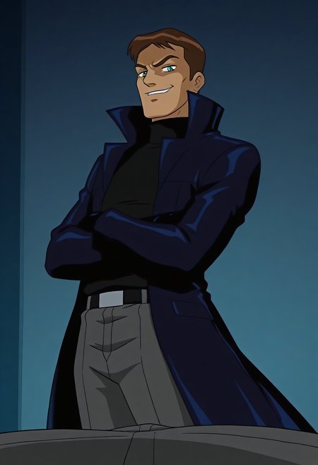 embedding:Illustrious\Positive\IllustriousQual, embedding:Illustrious\Positive\IllusP0s, 1boy, timscam_ts!, brown hair, short hair, green eyes, dark blue coat, black turtleneck, gloves, grey pants, belt, arms crossed, evil smirk, dutch angle shot, from side, pov, dynamic angle best quality, high resolution, masterpiece.