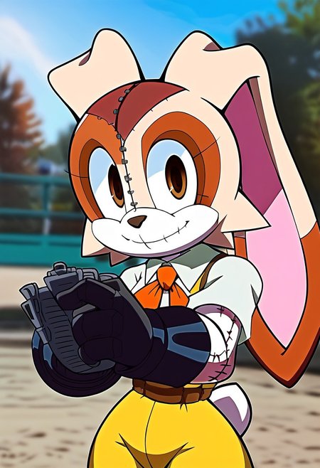 score_9, score_8_up, score_7_up,1 male,upper body, close up, pointing at viewer
   , masterpiece, beautiful,solo, 1male, Ultideadpool,
AliceSoulCream, 1girl, animal ears, w rabbit ears, furry, rabbit girl, furry female, stitches, animal nose, large, expressive creepy white eyes, patchwork design on face, elongated ears, cream the rabbit, plush toy, doll, stitched-up face, stylized cartoon creature, stitched appearance, wide unsettling smile, washed up colors, sitched mouth, large stitched eyes, doll-like appearance with a mix of pink and cream colors
,  red-and-black tactical suit, skintight, black padding on shoulders,black gloves,muscular build,  standing, battle pose, outdoor,