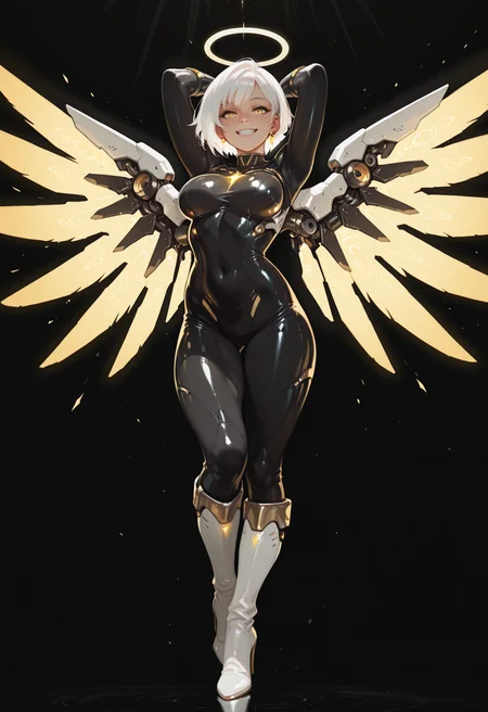 1girl, wings, breasts, halo, solo, high heels, bodysuit, arms up, high heel boots, boots, mechanical wings, full body, smile, looking at viewer, short hair, skin tight, knee boots, white hair, jewelry, medium breasts, large breasts, standing, yellow eyes, earrings, glowing wings, glowing, black background, angel, covered navel, teeth, grin,, masterwork, masterpiece, best quality, dynamic lighting , dynamic pose,,  dynamic angle, nose, (lineless:1.2)